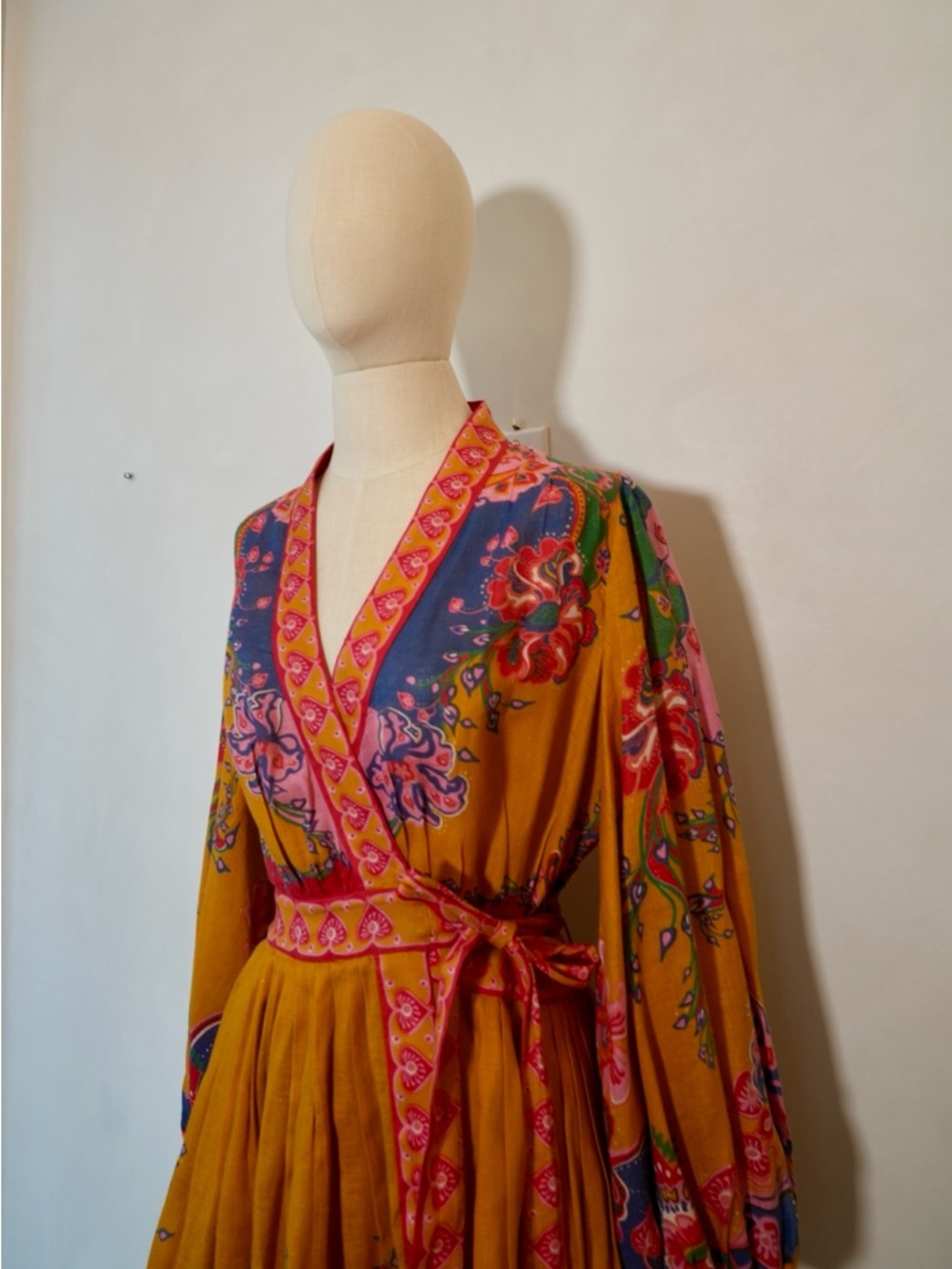 Zimmerman Mustard Floral Wrap Dress with Pink Trim - Picture 2 of 4